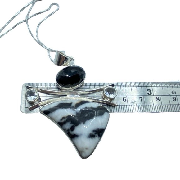 Sterling Silver 925 Zebra Jasper Quartz Pendant Necklace Signed SJ Modernist - Picture 10 of 11